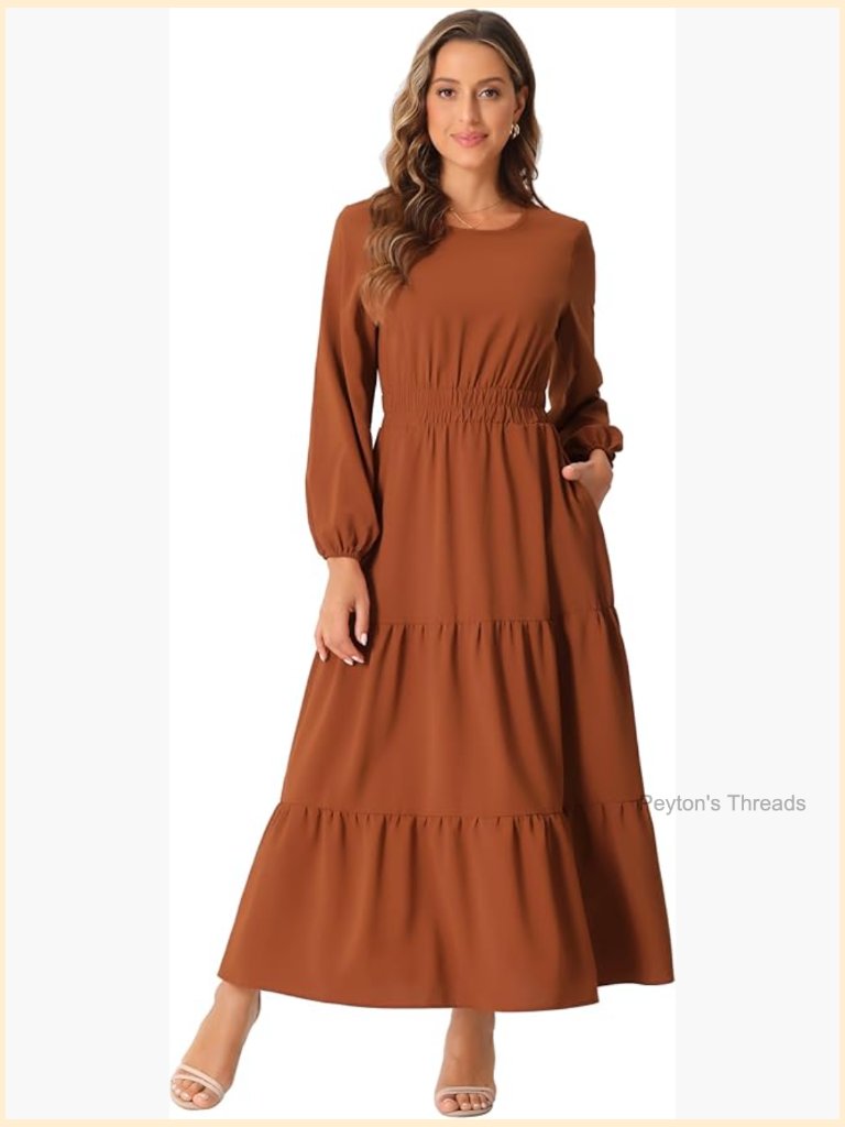 Long Sleeve Tiered Midi Dress With Pockets Crewneck
